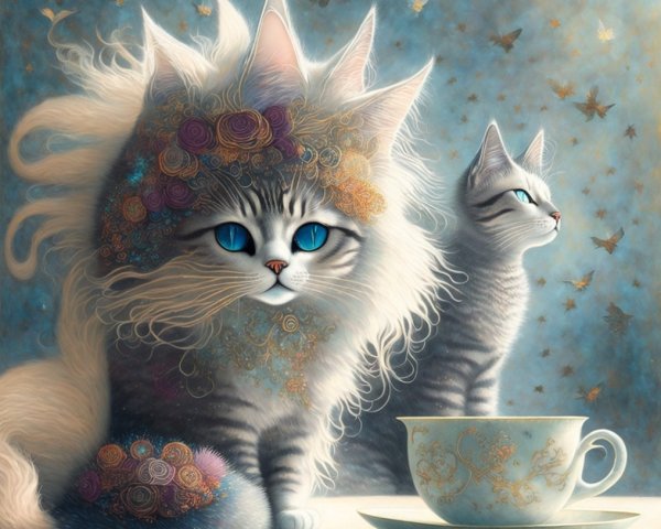 Whimsical Cats with Floral Patterns and Porcelain Cup