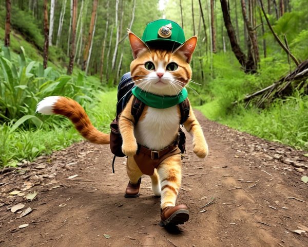 Whimsical Cat Explorer in Lush Forest Setting