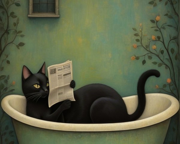 Black Cat in Vintage Bathtub Reading Newspaper