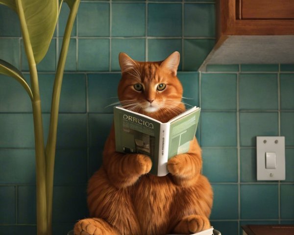 Orange Tabby Cat Reading on Green Bucket in Cozy Setting