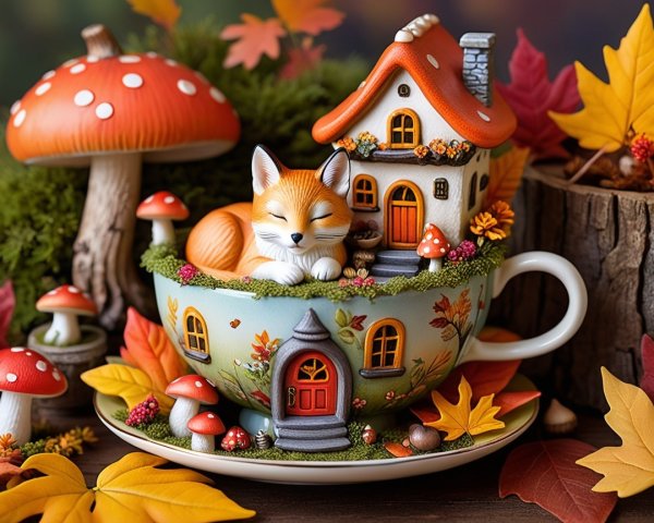 Whimsical Ceramic Teacup with Sleeping Fox and Mushrooms