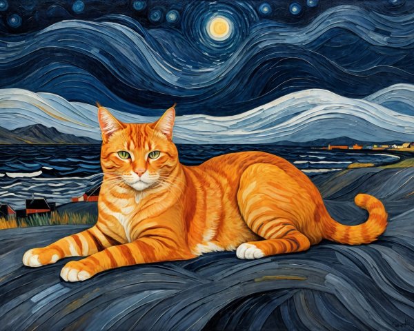 Tabby Cat Against Starry Night Landscape