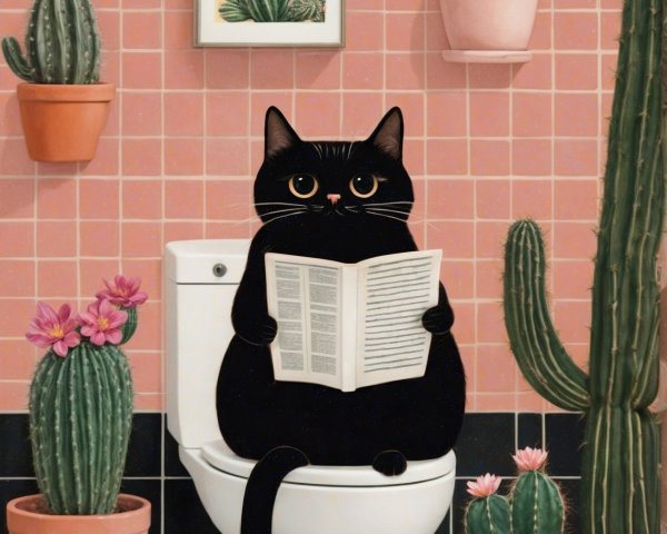 Black Cat Reading Newspaper in Whimsical Bathroom Scene