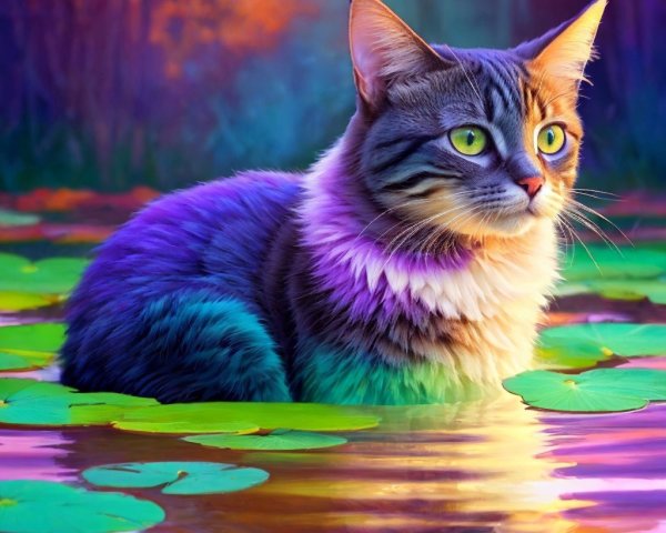 Majestic Cat in Tranquil Pond with Lily Pads