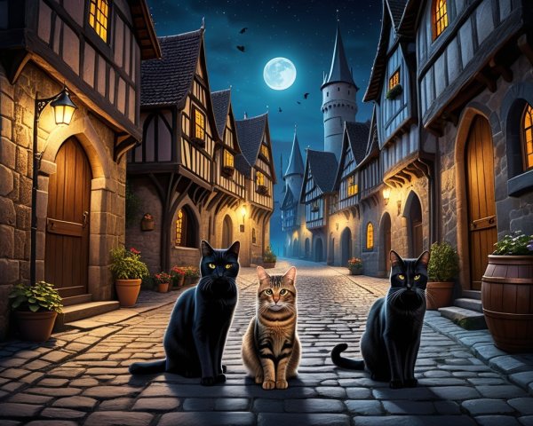 Medieval Village Street with Cats and Moonlit Charm