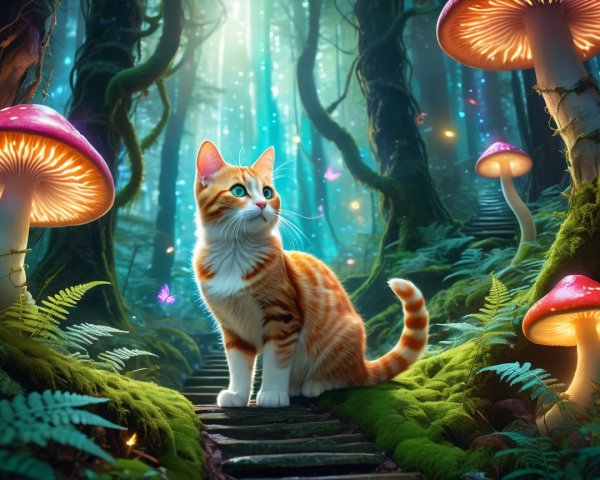 Orange Tabby Cat in Enchanted Mushroom Forest