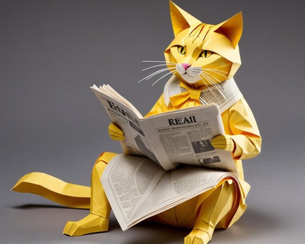 Whimsical Yellow Origami Cat Reading a Newspaper