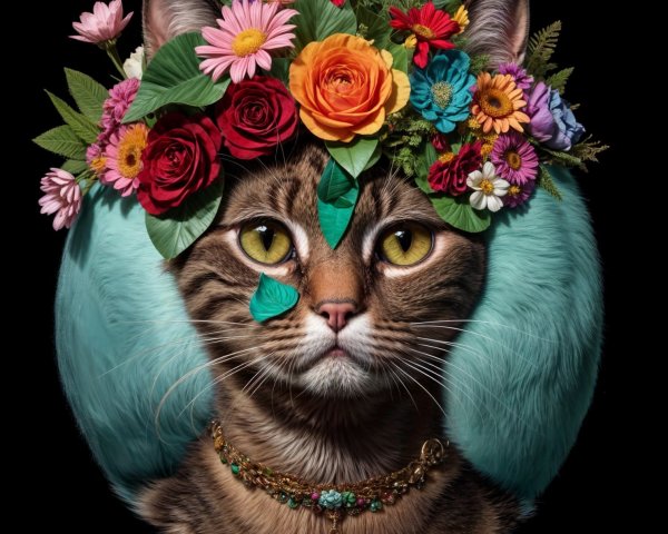 Majestic Cat with Floral Crown and Elegant Accents