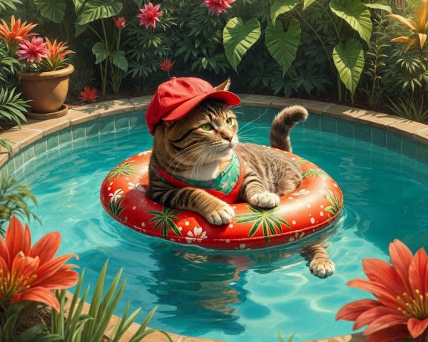 Cat in a red cap floats in a tropical pool setting