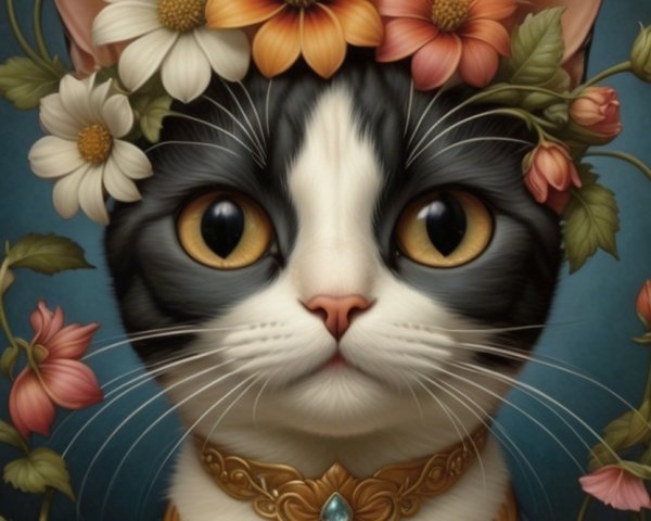 Cat with Floral Crown and Golden Collar on Blue Background