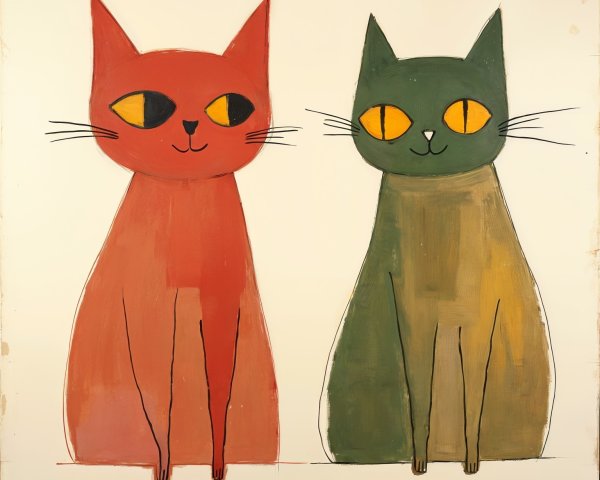 Stylized cats in red and green with yellow eyes