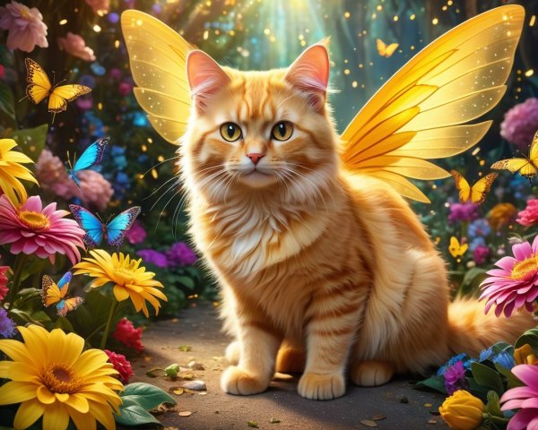 Orange Cat with Butterfly Wings in Vibrant Garden