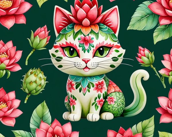 Colorful Cat with Floral Patterns on Dark Green Background