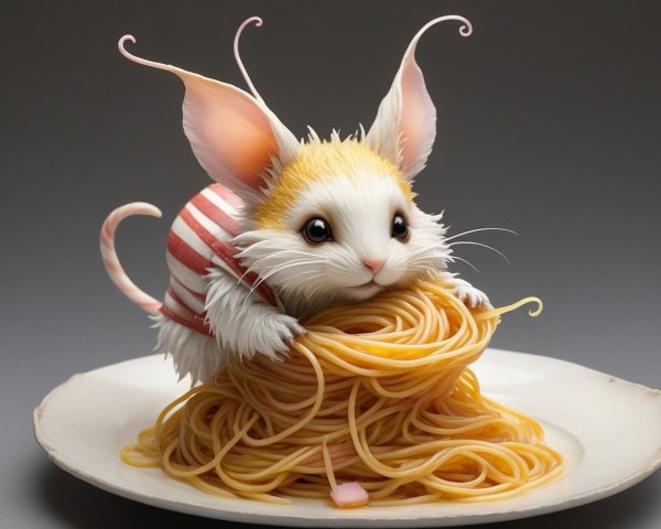 Cartoonish creature with spaghetti in a playful scene