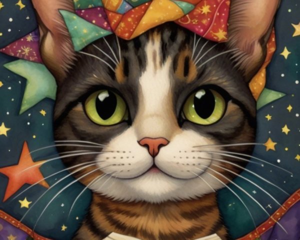 Cartoon Cat with Green Eyes in Starry Night Scene