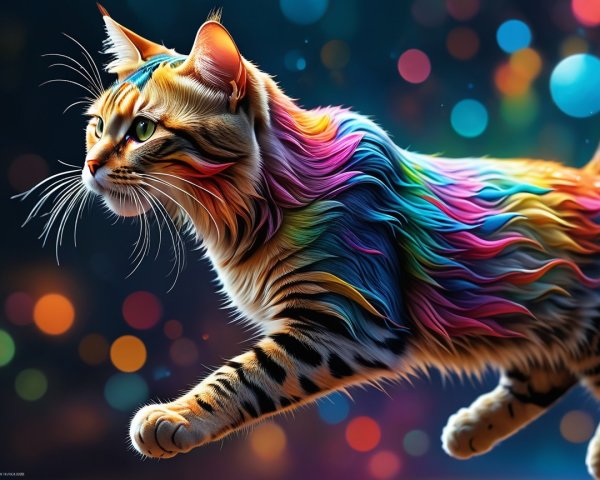 Surreal Cat with Colorful Mane in Dreamy Background