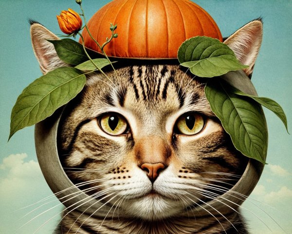 Whimsical Cat Wearing Pumpkin Hat in Autumn Scene