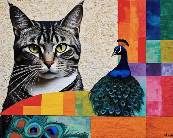 Vibrant Cat and Peacock Against Colorful Background