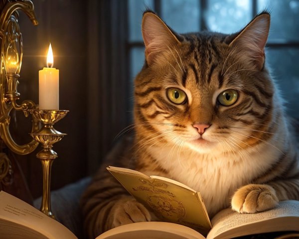 Tabby Cat with Green Eyes Reading by Candlelight