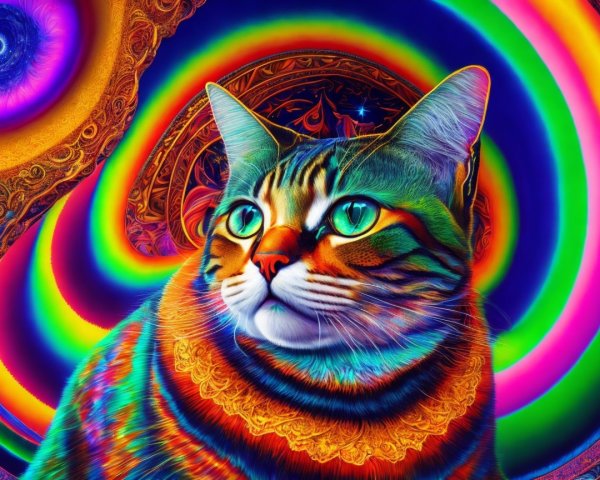 Psychedelic Tabby Cat with Vibrant Colors and Patterns