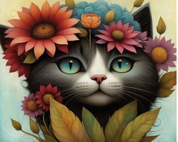 Whimsical Cat Illustration with Colorful Floral Crown
