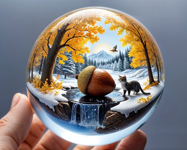 Crystal Ball with Autumn and Winter Landscape Scene