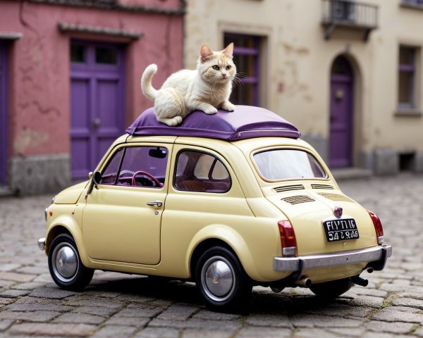 Vintage Yellow Car with Cat on Cobblestone Street