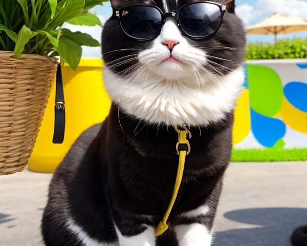Stylish Black-and-White Cat in Sunglasses Outdoors