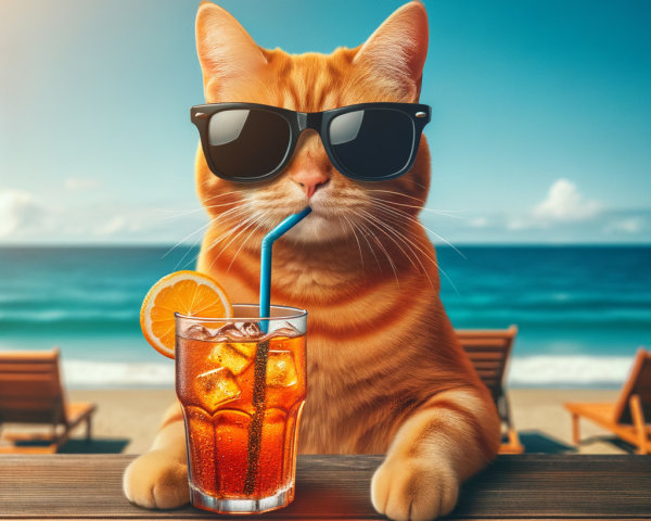 Cheerful orange cat with sunglasses at beach bar