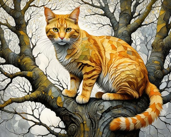 Orange Tabby Cat on Gnarled Tree Branch in Nature