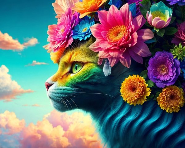 Whimsical Cat with Colorful Flowers and Pastel Sky