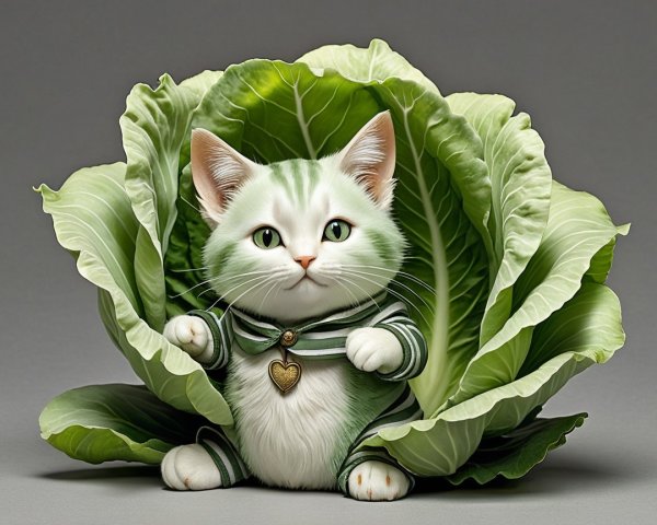 Playful Kitten in a Cabbage with Cute Outfit