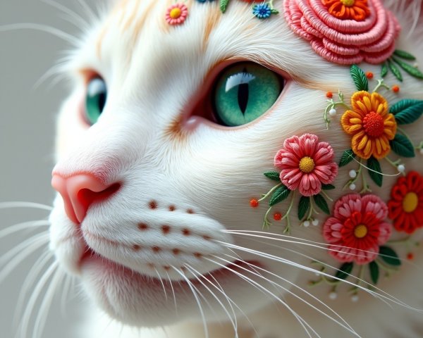 Close-up of a white cat with floral embroidery details