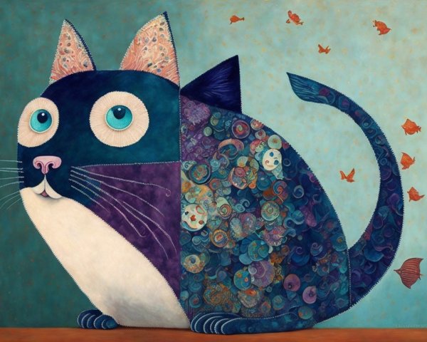 Whimsical Large Cat with Patchwork Coat and Fish Background