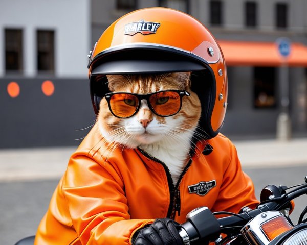 Fluffy Orange Cat in Motorcycle Gear in Urban Setting