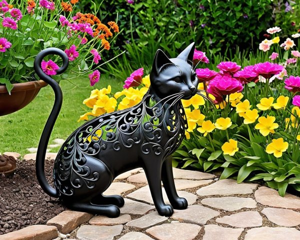 Black Cat Statue Surrounded by Colorful Garden Flowers