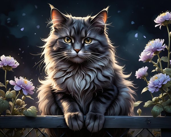 Majestic Maine Coon Cat on Wooden Fence at Twilight