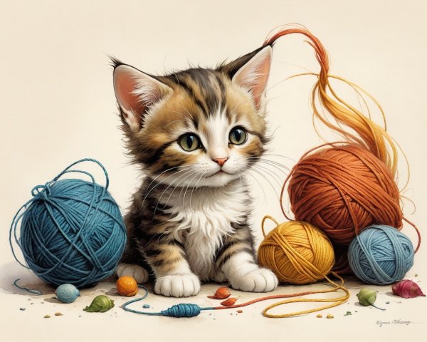 Fluffy kitten surrounded by colorful yarn balls and toys