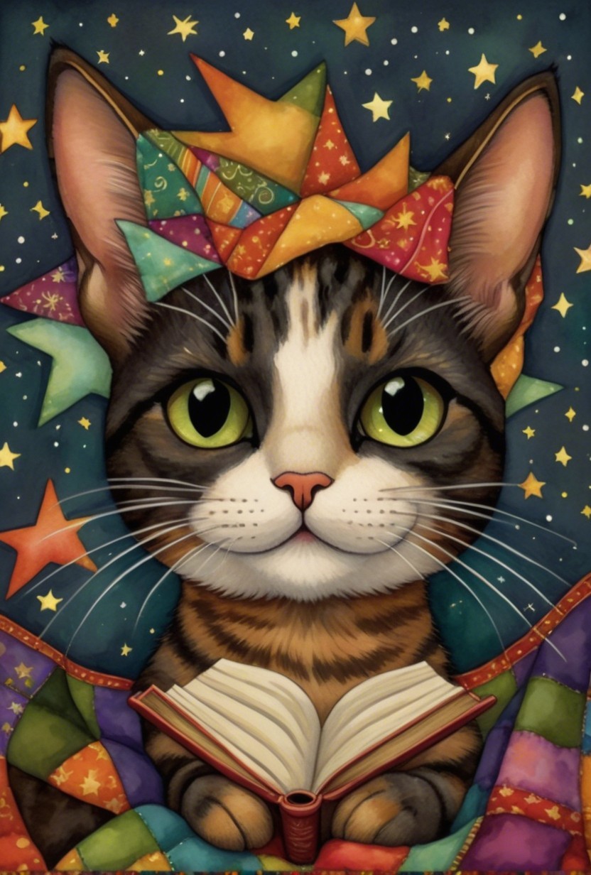 Cartoon Cat with Green Eyes in Starry Night Scene