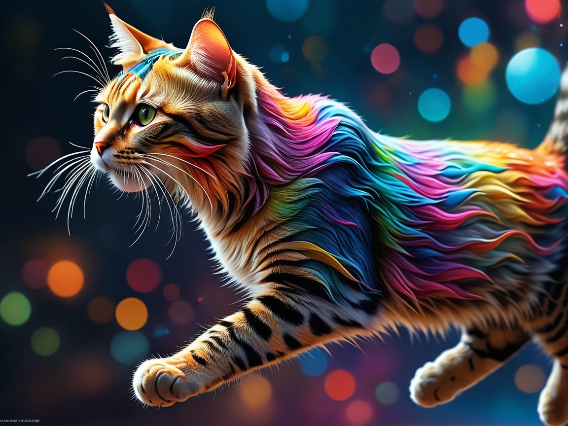 Surreal Cat with Colorful Mane in Dreamy Background