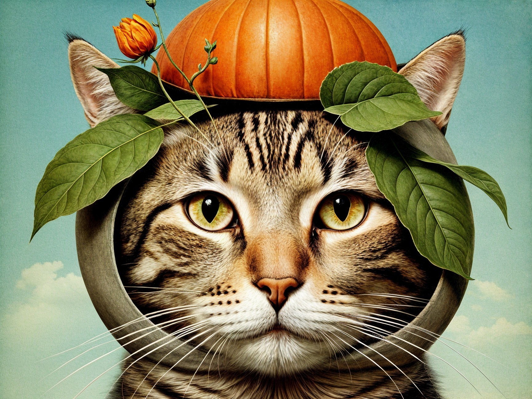 Whimsical Cat Wearing Pumpkin Hat in Autumn Scene