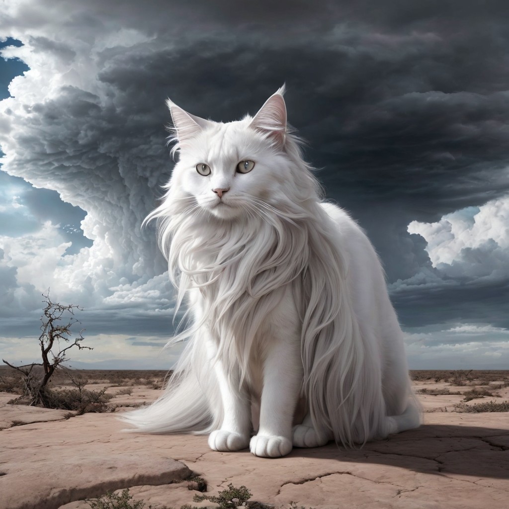 Majestic White Cat in Dramatic Stormy Landscape