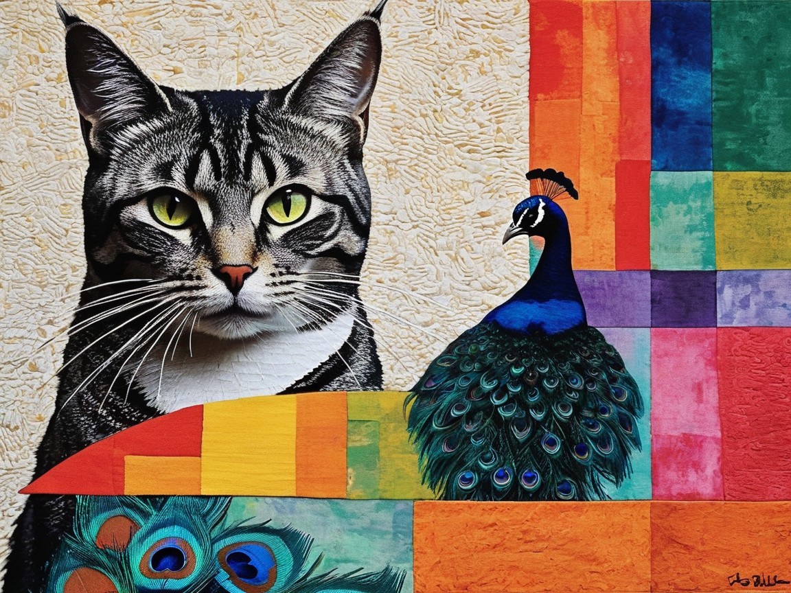 Vibrant Cat and Peacock Against Colorful Background
