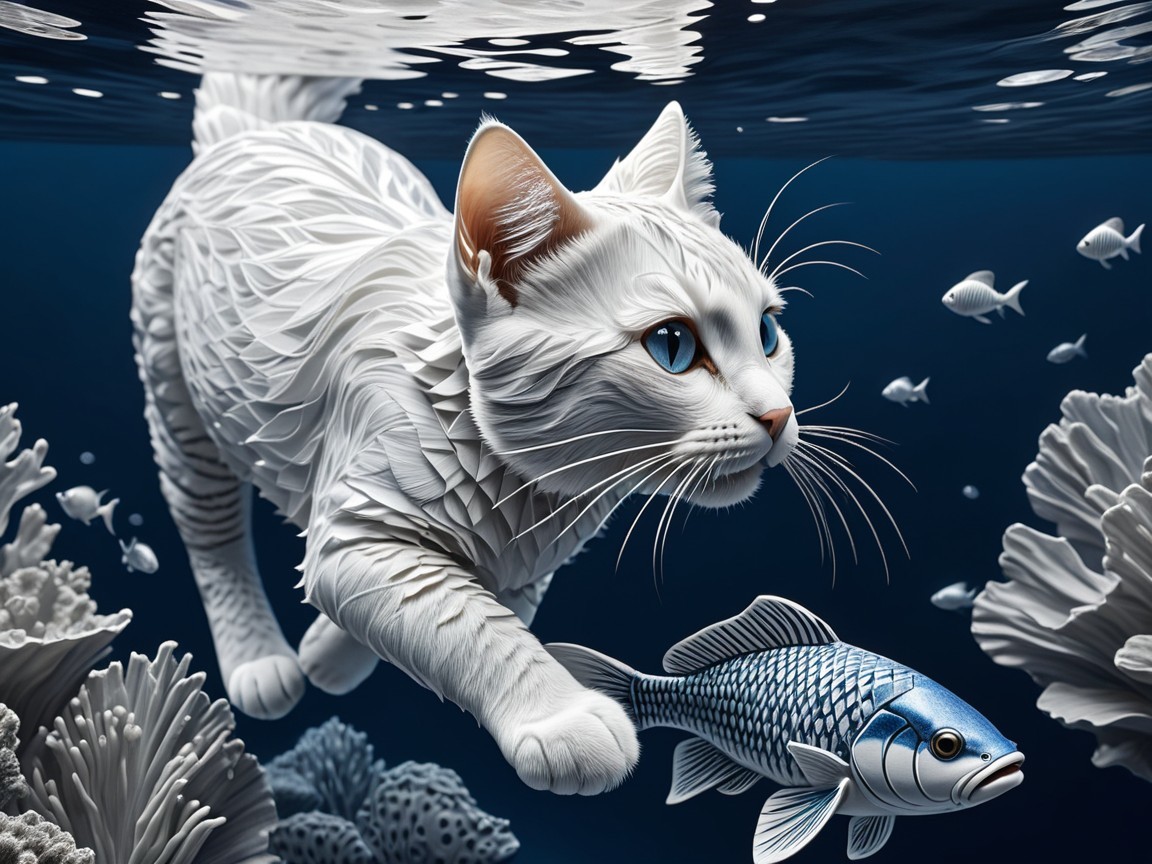 Whimsical Underwater Scene with Cat and Coral Reef