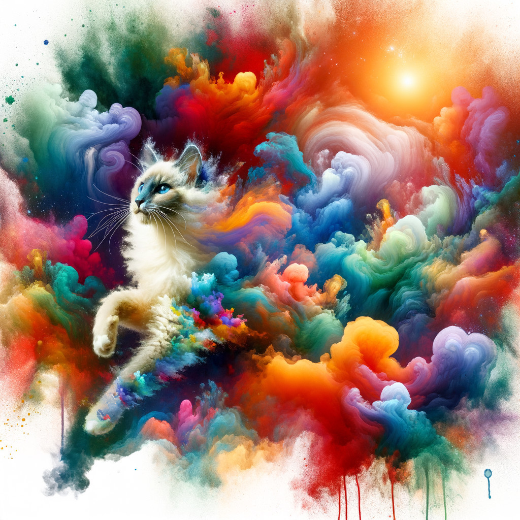 White cat in colorful dreamlike landscape of swirls