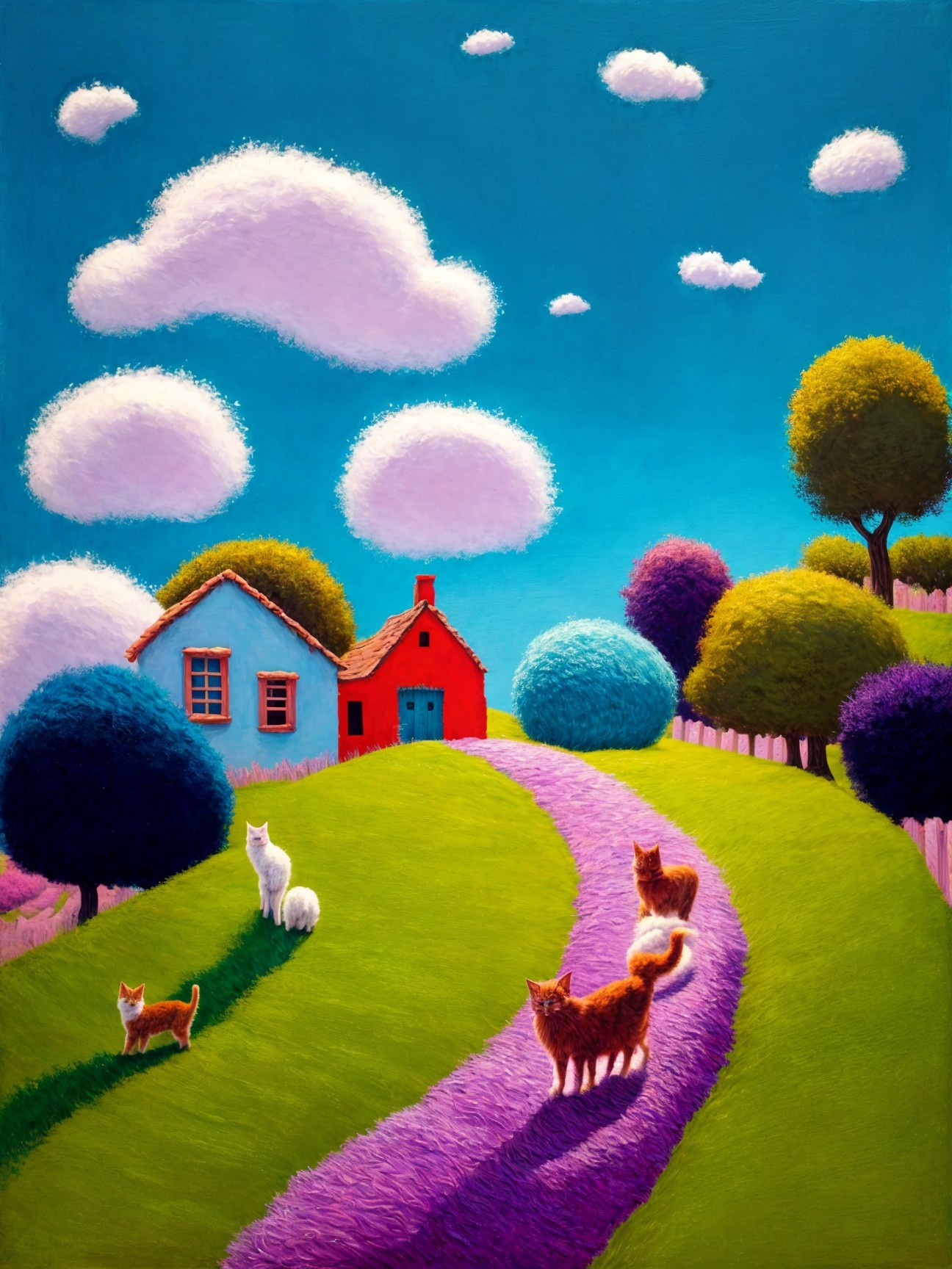 Whimsical Landscape with House and Playful Cats