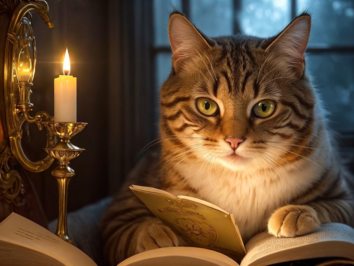Tabby Cat with Green Eyes Reading by Candlelight