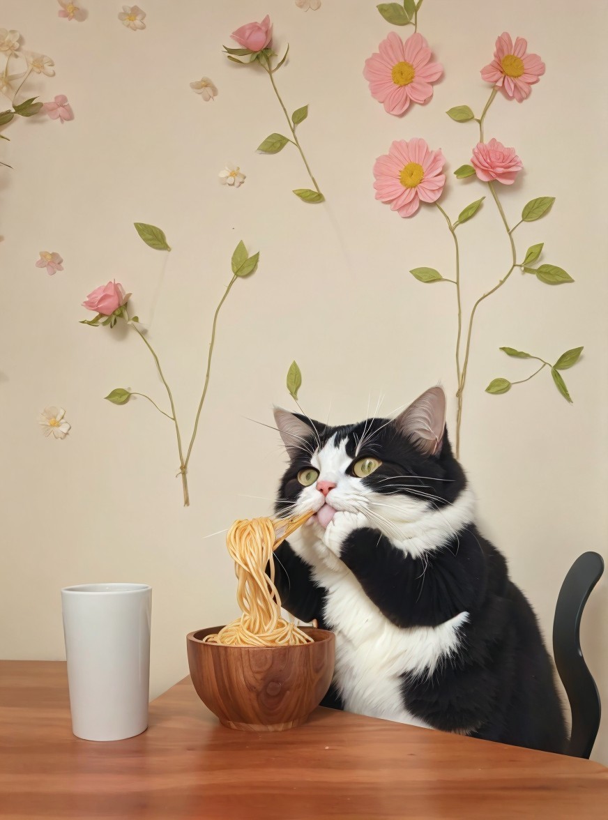 Fluffy Black and White Cat with Spaghetti at Table