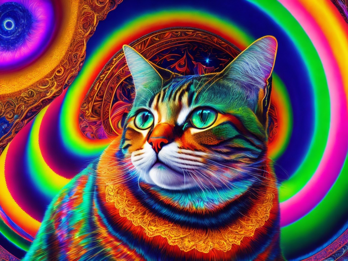 Psychedelic Tabby Cat with Vibrant Colors and Patterns