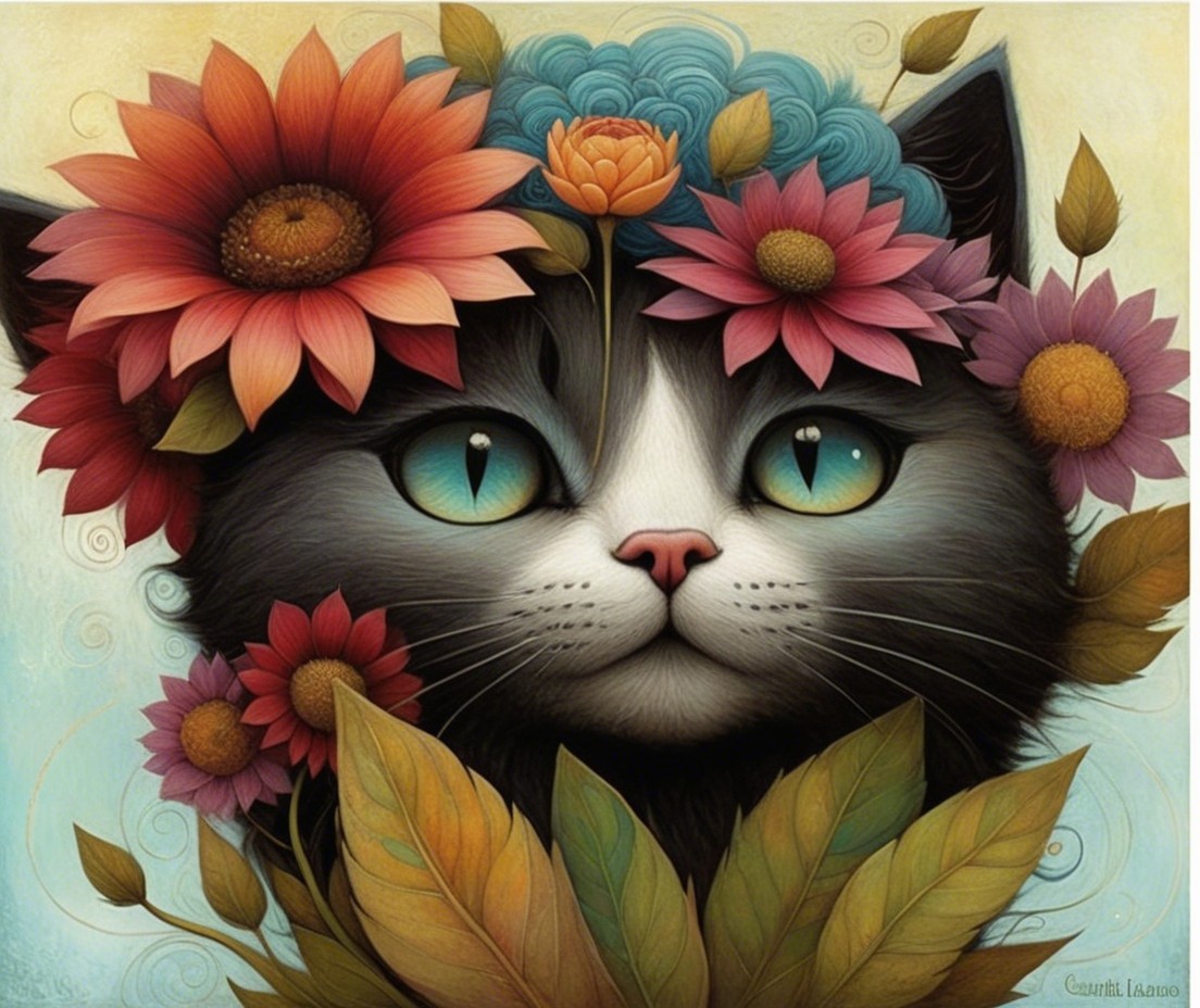 Whimsical Cat Illustration with Colorful Floral Crown